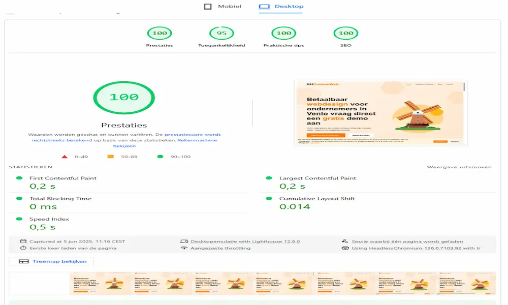 Pagina snelheidsanalyse van KHCustomWeb desktop met perfecte scores