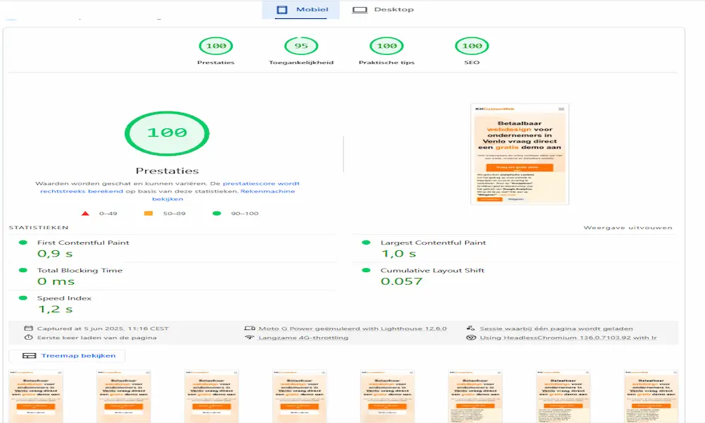 Pagina snelheidsanalyse van KHCustomWeb mobiel met uitstekende prestaties