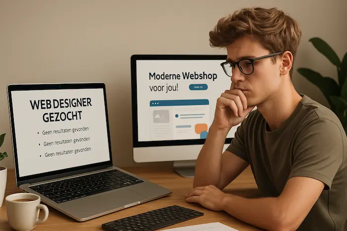 Jonge webdesigner werkt aan portfolio in minimalistisch kantoor, met weinig vacatures op tweede scherm